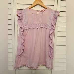 Mazik - Light Purple - Eyelet Ruffle Top with Pom-Pom Trim - Size M